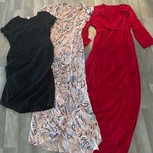 Maternity clothes. Dresses, jeans, leggings, and shirts.